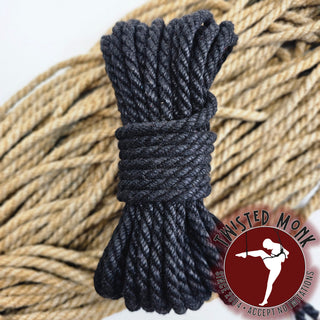 Black hemp bondage rope by The Twisted Monk, ideal for safe and creative restraint.