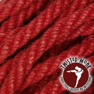 Close-up of Crimson hemp bondage rope by The Twisted Monk showing texture and quality for bondage use