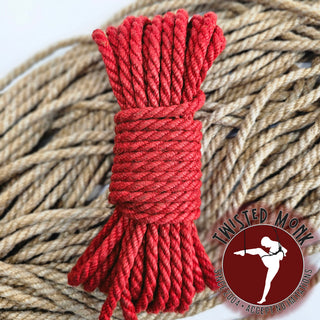 Crimson hemp bondage rope by The Twisted Monk, ideal for secure and stylish restraint