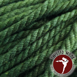 Close-up of green hemp bondage rope by The Twisted Monk, perfect for various bondage practices