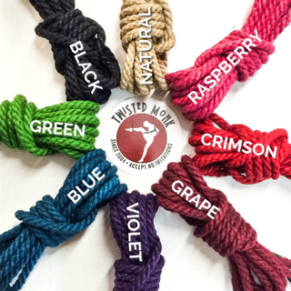 Twisted Monk rope sampler featuring vibrant colors: black, natural, raspberry, crimson, green, blue, violet, and grape