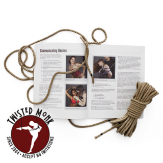 Shibari rope techniques book open to pages with instructions and images for bondage techniques