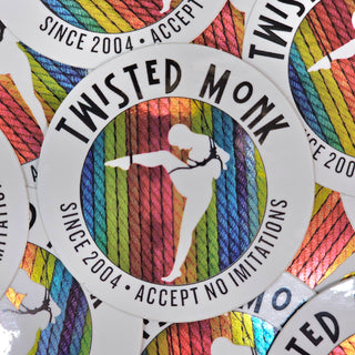 Twisted Monk logo stickers featuring colorful rope and a silhouette for the bondage rope kit