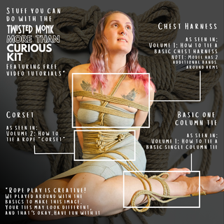 Bondage rope kit by The Twisted Monk featuring instructional guides for various rope techniques