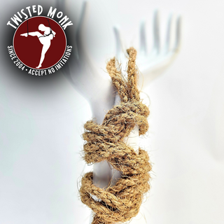 Handspun coconut rope from The Twisted Monk wrapped around a mannequin hand for decorative display