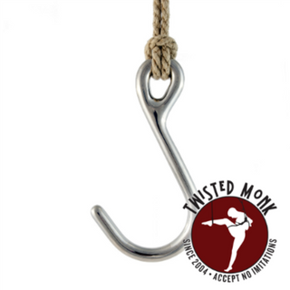 Specialty steel bondage ass hook with a shiny finish attached to a rope for strong support